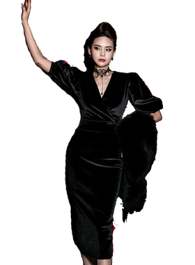 秋冬修身v领泡泡袖金丝绒连衣裙