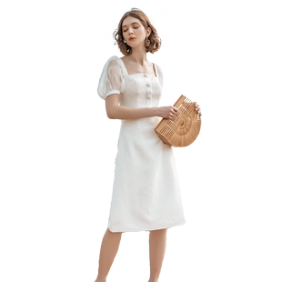 法式方领纯白连衣裙夏白色泡泡袖雪纺裙子淑女气质登记领证小白裙