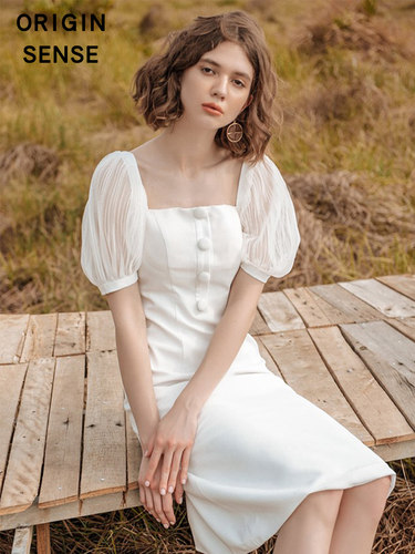 连衣裙纯白袖雪纺淑女登记领证