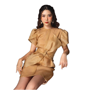 法式气质温柔风香槟金色OL通勤酒会可穿小香风立体蝴蝶结短连衣裙