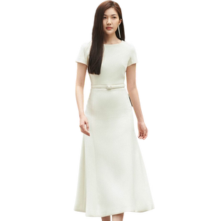 ORIGIN SENSE/知觉之门美式极简风格经典小圆领短袖纯白色A字长裙