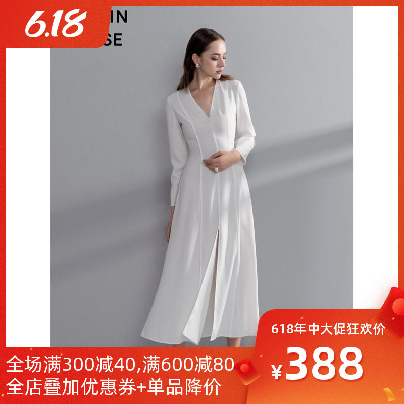 秋冬新品长袖V领纤细修长显高简约美式奶白色外套感可内搭连衣裙