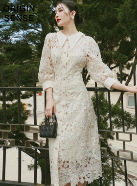白色度假风复古精致女人味优雅仙女气质水溶蕾丝长款泡泡袖7分袖