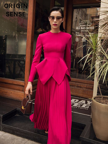 正装职业早秋套装网红轻熟玫红色