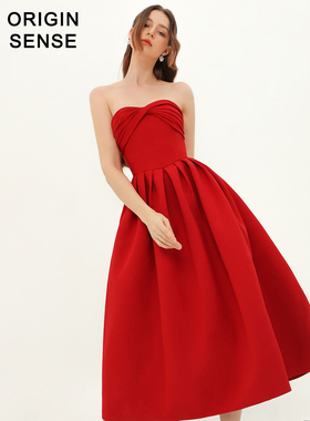 ORIGIN SENSE/知觉之门露肩无袖气质抹胸褶皱蝴蝶结红色小礼服