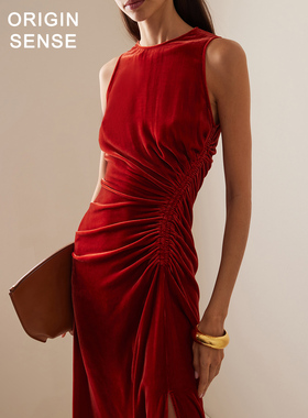 ORIGIN SENSE/知觉之门复古红丝绒圆领无袖连衣裙时尚气质褶皱裙