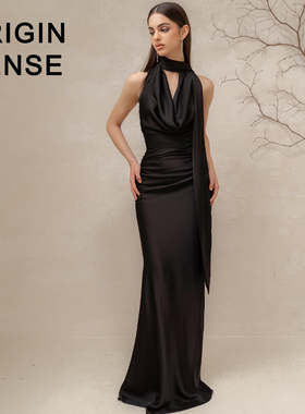 ORIGIN SENSE/知觉之门小众设计纯欲风黑色挂脖露背收腰显瘦礼服
