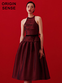 超小领口挂脖设计露肩显瘦A字大摆公主裙酒红色拼接设计洋气礼服