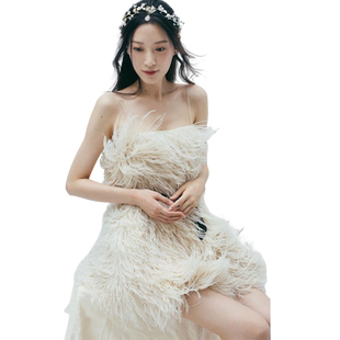 超细吊带性感减龄淑女俏皮鸵鸟毛华丽飘逸浪漫公主风小礼服超短裙