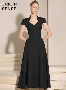 ORIGIN SENSE/知觉之门小众宽领口短袖A字大摆长裙赫本风公主黑裙