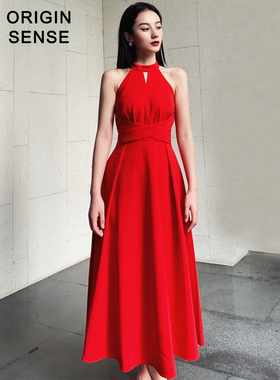 ORIGIN SENSE/知觉之门挂脖优雅气质显瘦大摆公主裙日常红色长裙