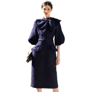 ORIGIN SENSE/知觉之门秋冬小香风粗纺藏蓝色淑女气质高档连衣裙