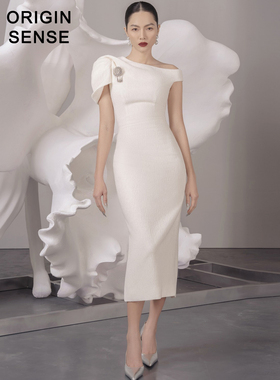 ORIGIN SENSE/知觉之门高档精致不对称一字领优雅淑女包臀一步裙