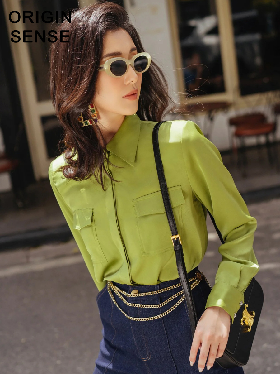 春夏新品洋气时尚通勤ol白领显白显瘦芥末绿简约百搭街拍宽松衬衣