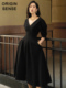 小众设计通勤职场简约大气中袖 V领淑女气质黑色大摆礼服长连衣裙