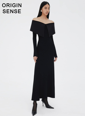 ORIGIN SENSE/知觉之门优雅小性感露锁骨纯黑色简约高档黑色长裙