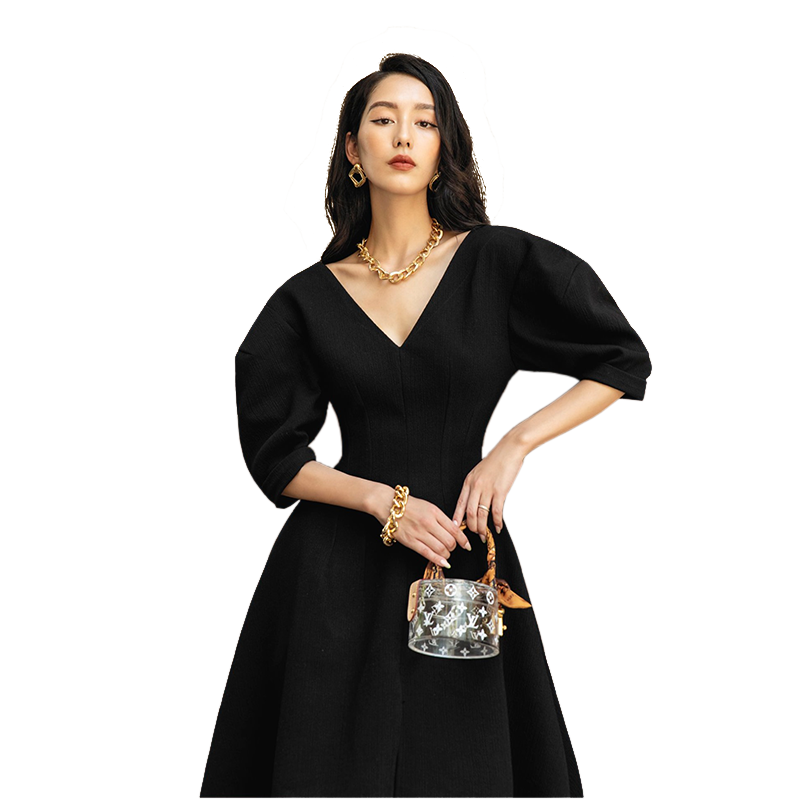 通勤大摆淑女中袖黑裙