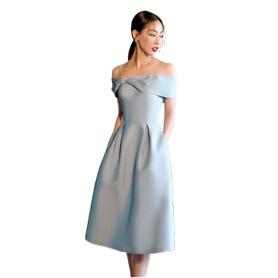 小众个性设计不对称蝴蝶结珍珠装饰温柔风吊带粉蓝色淑女连衣裙