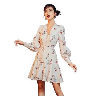 精致提花女人味温柔风软妹子V领小性感欧式泡泡长袖印花气质短裙