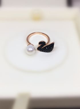纯银珍珠戒指黑天鹅开口闺蜜礼物