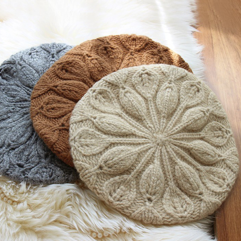 纯手工编织针织加厚保暖山羊绒贝雷帽子秋冬