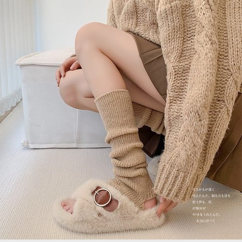 米色针织jk袜套洛丽塔袜子女奶白长筒小腿踩脚腿套秋冬保暖堆堆袜