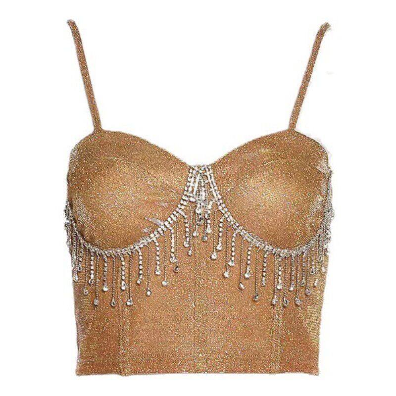 欧美风春款女装吊带一字领水钻流苏性感露脐修身小背心女