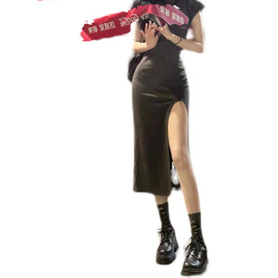 小矮个子纯欲辣妹恤开叉连衣裙女收腰修身短袖性感a字包臀裙