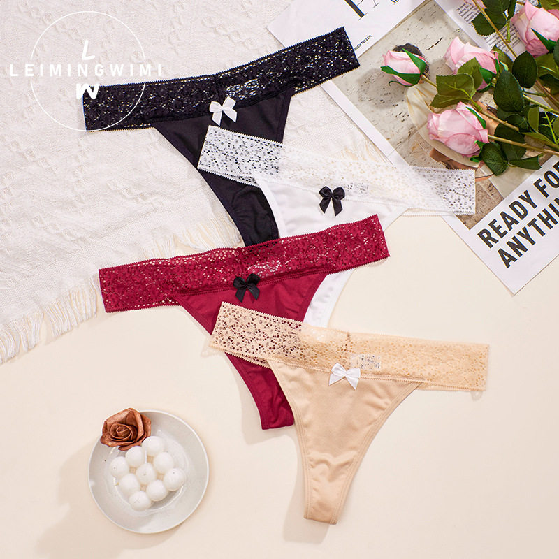 纯色新款内裤女性感蕾丝花边结丁字裤女痕透气女士内裤女丁字裤