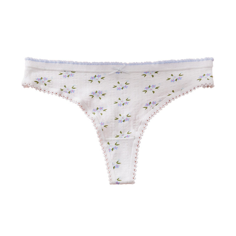 纯棉小清新丁字裤蕾丝结可爱纯欲内裤中腰舒适透气裆女丁字裤纯色