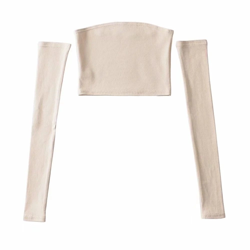 in网红款套袖抹胸上衣女春款韩版hi修身性感长袖恤潮修身型纯色