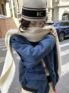 MONA同款羊毛针织帽女秋冬小香风黑白条纹拼色护耳包头冷帽毛线帽