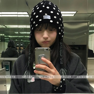 韩国双面佩戴波点护耳帽毛线帽女可爱流苏挂绳针织包头帽雷锋帽子