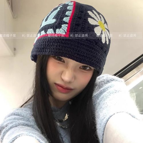 GD权志龙同款手工钩织雏菊针织渔夫帽女大头围韩版毛线帽盆帽男潮