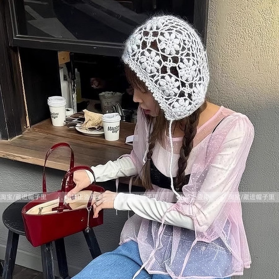 韩国ins博主同款25SS镂空花朵侍女帽子可爱系带勾花包头帽冷帽女