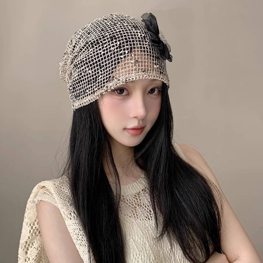 设计感小众镂空珍珠花朵堆堆帽女夏季千禧辣妹时尚街拍包头帽子潮