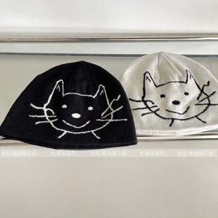 黑色街头小猫y2k可爱针织帽女秋冬ins薄款 显脸小套头保暖包头帽男