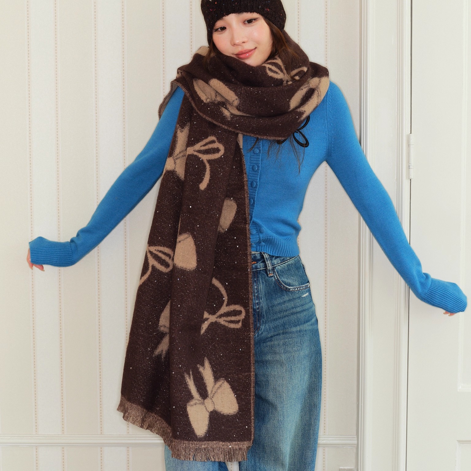 韩系加大加厚双面戴蝴蝶结提花围巾披肩女秋冬季保暖百搭围脖学生