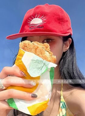 韩国ins博主款设计师复古太阳刺绣软顶嘻哈红色鸭舌帽平沿棒球帽