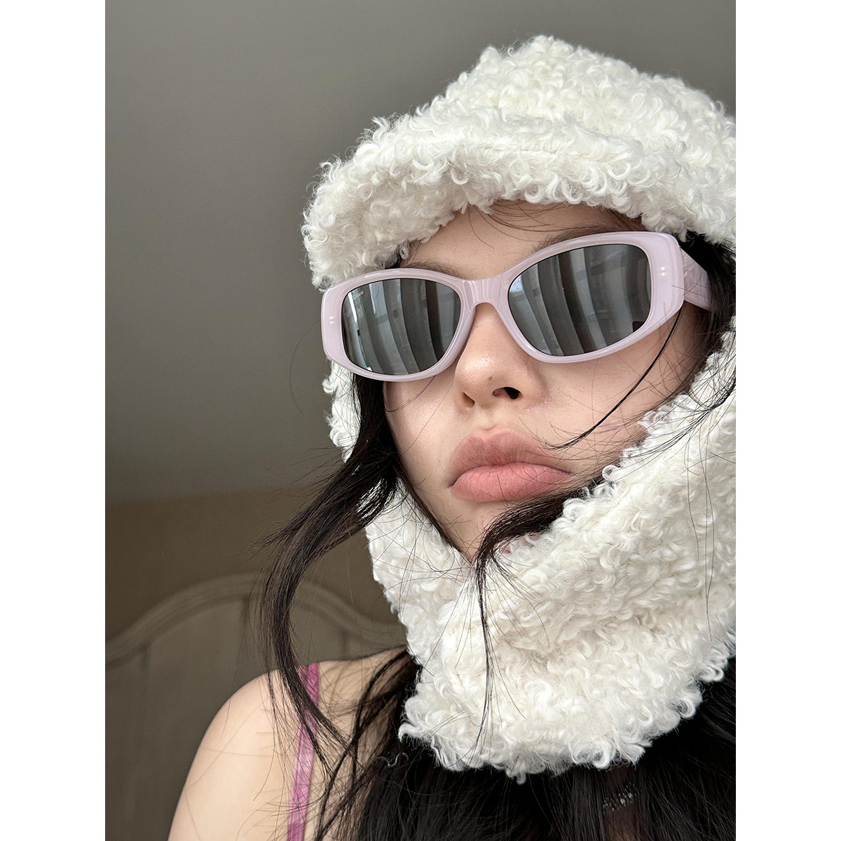 韩国ins博主款泰迪毛白色雷锋帽女冬季大头围加厚保暖飞行帽防寒