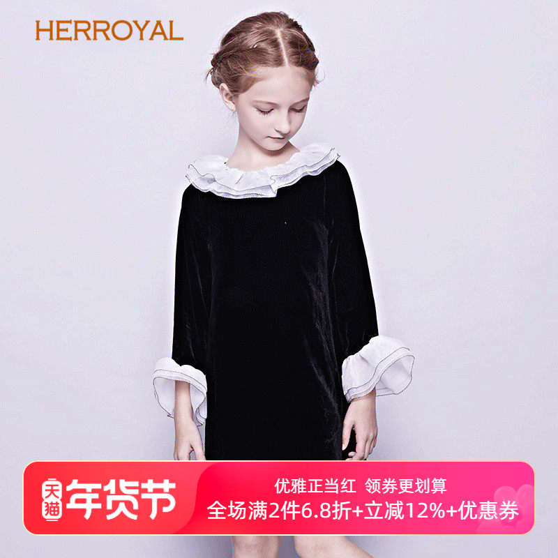 HERROYAL秋冬女童装真丝丝绒公主裙钢琴表演礼服裙丝绒裙亲子母女