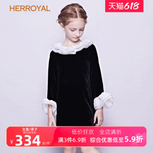 HERROYAL秋冬女童装 真丝丝绒公主裙钢琴表演礼服裙丝绒裙亲子母女