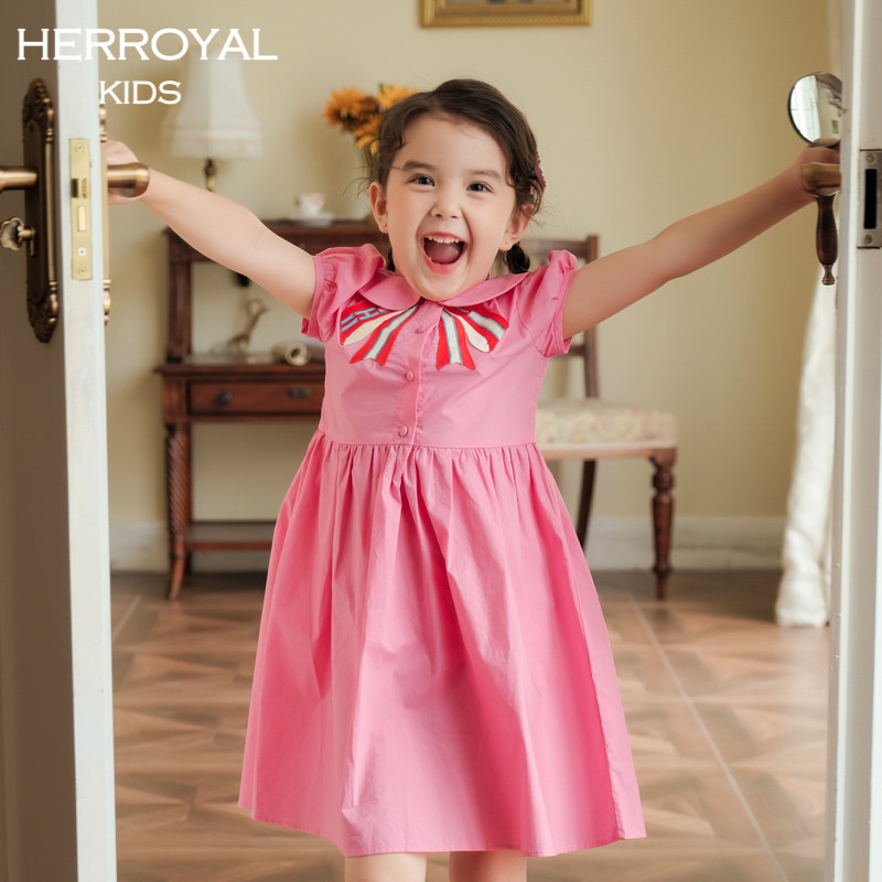 HERROYAL2026春夏女童小童中大童蝴蝶结粉公主连衣裙纯棉洋气裙子