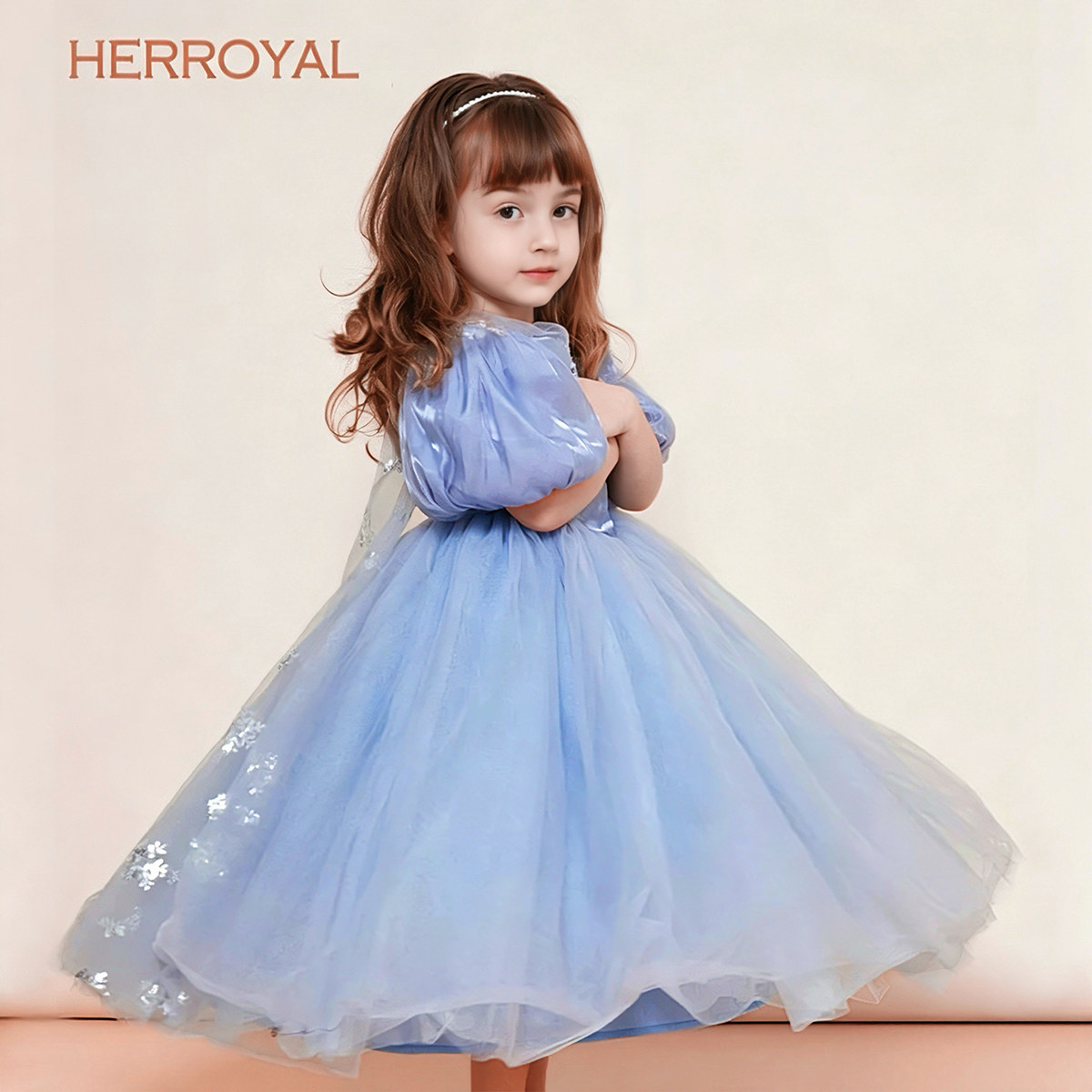 【重工艾莎裙】HERROYAL奢宠女童春夏蓝色公主裙礼服裙生日蓬纱裙