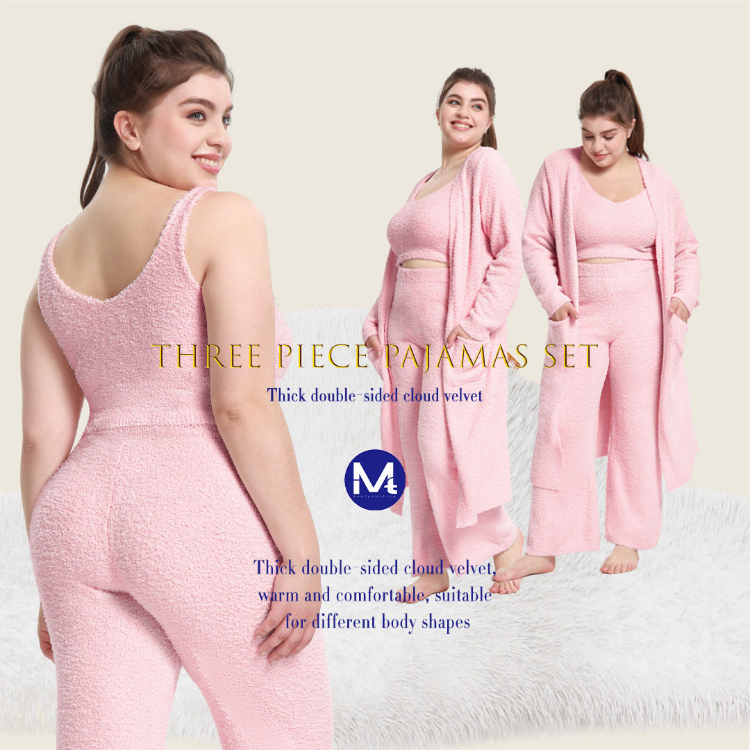 欧美大码睡衣女秋冬pajamas感睡袍睡裤吊带睡衣三件套家居服