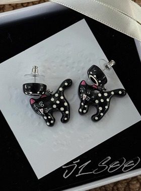 JLSOO黑色波点猫咪女小众设计感ins动物造型耳环