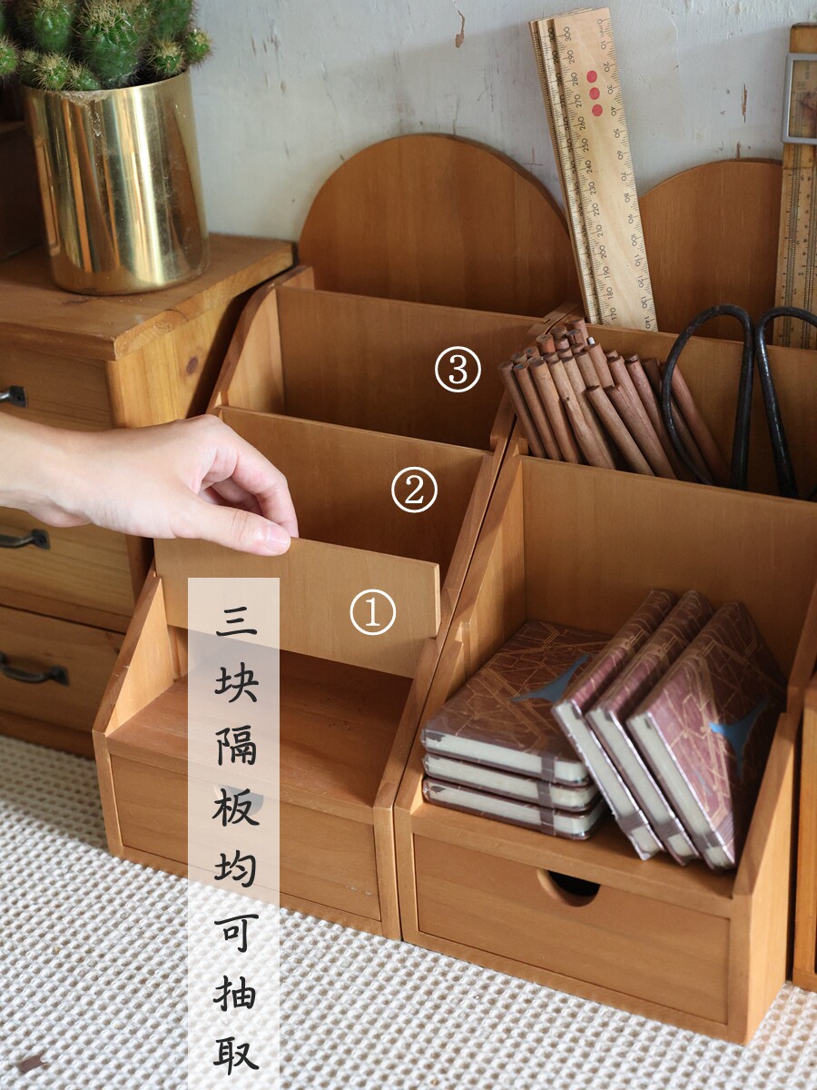 SANSHAN 홈 오피스 책상 나무 복고풍 스토리지 박스 데스크 주최자 다층 펜 홀더 스토리지 랙 데스크탑 작은 책장