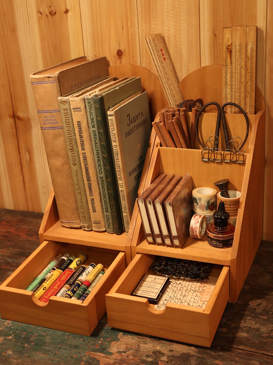 SANSHAN 홈 오피스 책상 나무 복고풍 스토리지 박스 데스크 주최자 다층 펜 홀더 스토리지 랙 데스크탑 작은 책장