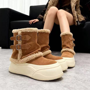 真皮高帮雪地靴女2025冬新款 厚底防滑中筒堆堆靴 加绒加厚保暖棉鞋