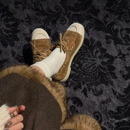 英伦复古风麂皮乐福鞋女小香风26C新款链条系带柔软平底休闲单鞋